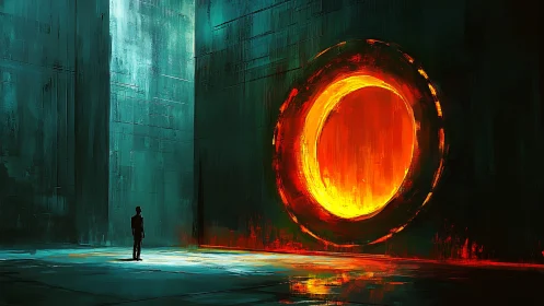 Lone figure before colossal glowing portal in teal hall.