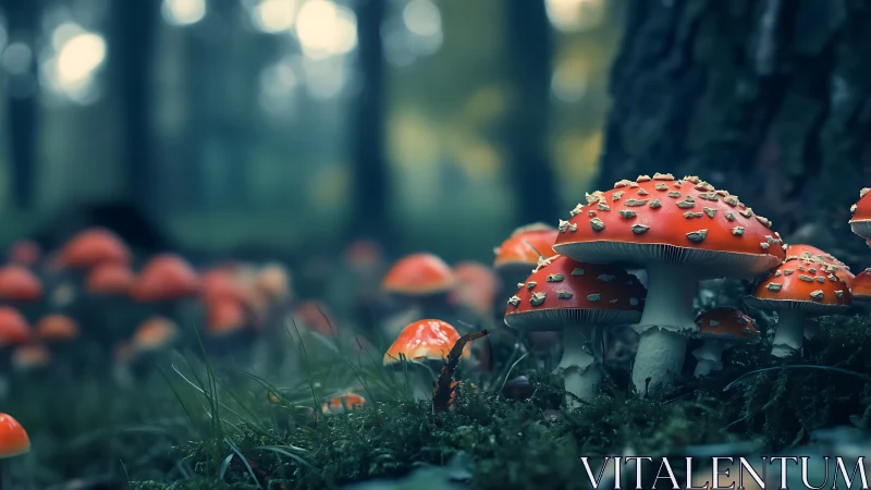 Moody forest close-up of vibrant orange fly agaric mushrooms.