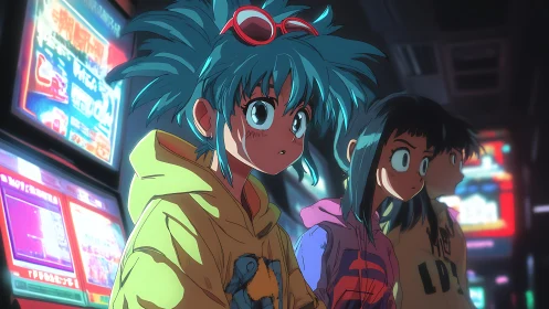 Neon-haired teens explore dimly lit arcade corridor