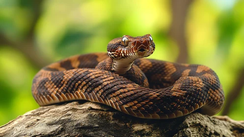 Forest coils and copper scales in a watchful serpent portrait.