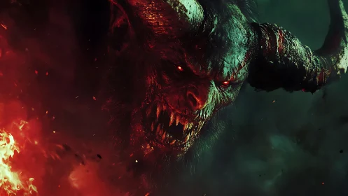 Demonic horned beast emerges from infernal green shadow.