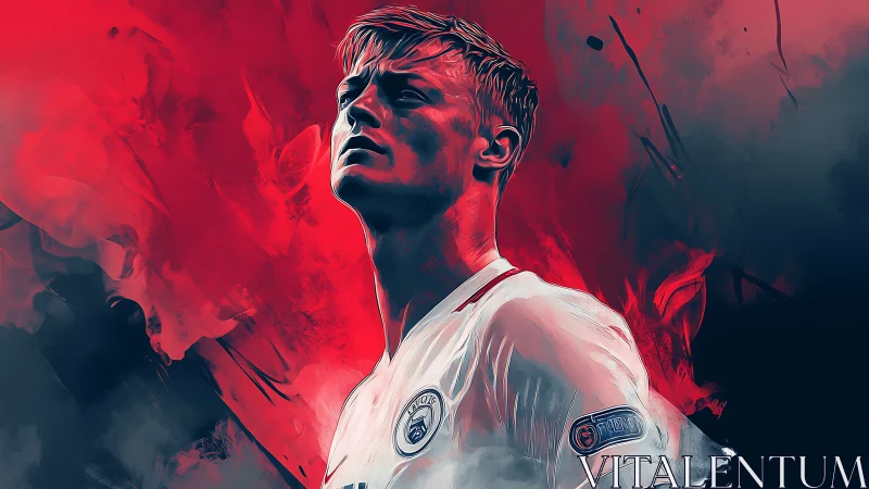 Dynamic football portrait in red and cyan digital strokes.