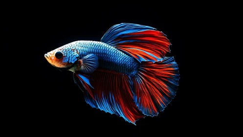 Vibrant blue and red betta fish on deep black background.