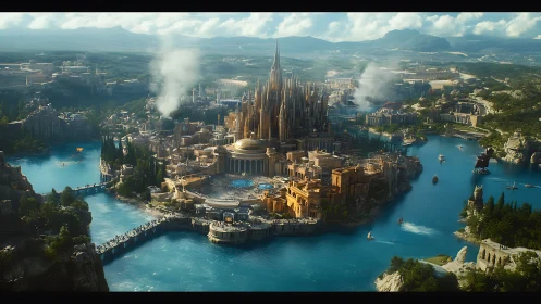 Expansive lake citadel with radial fortifications and tiered spires