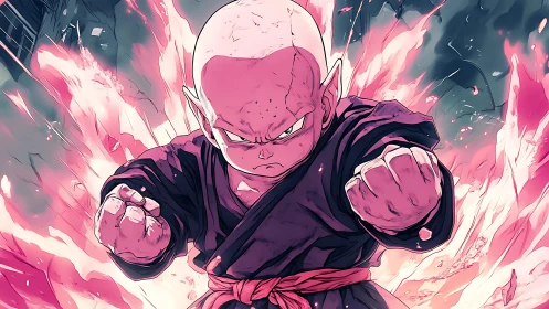 Bald anime fighter launches flaming dual-fist attack.