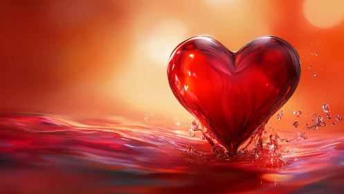 Glass Heart Splashing in Red Liquid.