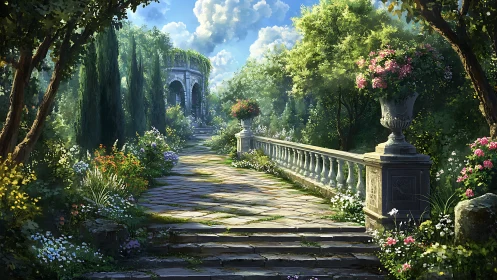 Digital painting of romantic garden promenade with pavilion.