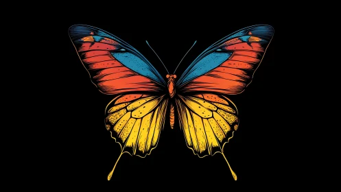 Vibrant tricolor butterfly spreads luminous patterned wings.