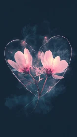 Pink flowers contained within translucent heart outline on dark background.