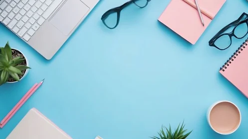Minimal flat lay workspace in pastel blue and blush pink tones.