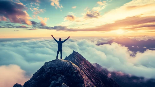 Hiker celebrates sunrise above clouds on rugged summit peak.