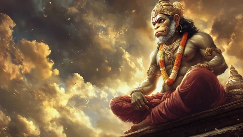 Serene skyward devotion with a radiant monkey guardian.