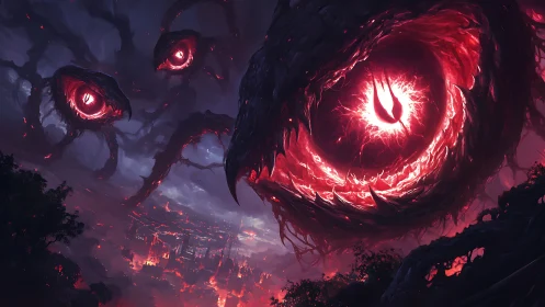 Colossal fiery eyes loom over distant burning cityscape.