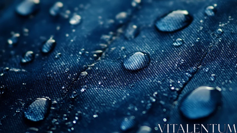 Water droplets on dark blue waterproof textile surface.