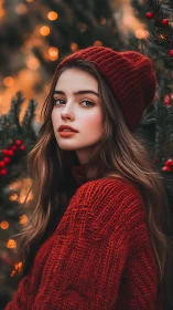Crimson knit calm glows beside winter berries and bokeh lights