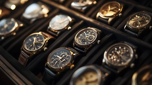 Luxury chronograph wristwatch collection in suede display case.