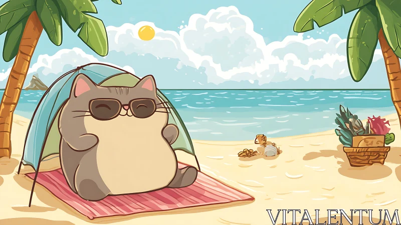 Feline Beach Character Under Pop-Up Tent with Sunglasses on Sandy Shoreline