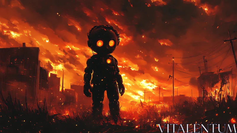 Concept art silhouette robot amid apocalyptic firestorm cityscape.