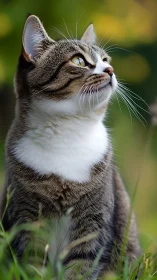 Tabby and white cat sitting in grass looking upward