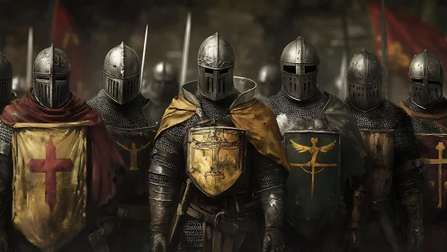 Armored medieval knights lined in formation with heraldry.