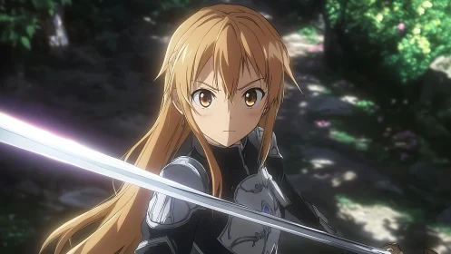 Swordbright heroine lunges through sunlit forest resolve.