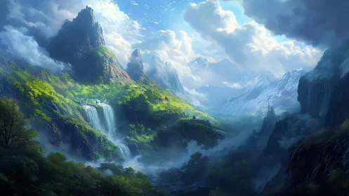 Vast fantasy valley with waterfalls, peaks and castles.