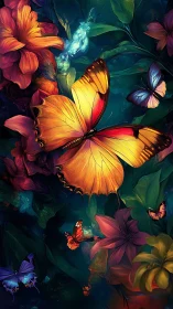 Golden butterfly glows over vivid fantasy jungle blooms.
