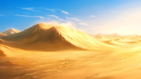 Golden desert dunes under clear blue sky at sunrise.