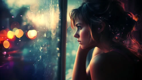 Digital painting of pensive woman at window with neon bokeh glow.