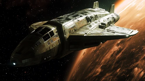 Angular starship glides past luminous planet in deep space