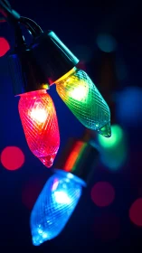 Colorful holiday string lights glow against deep blue night.