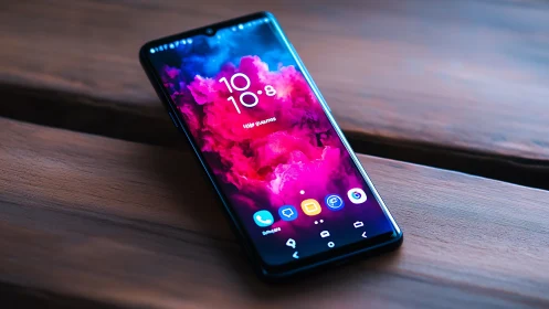 Smartphone with Vibrant Pink Liquid Wallpaper Display.