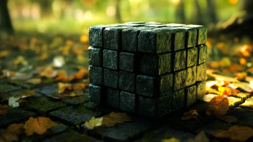 Mossy stone puzzle cube glowing softly in autumn light.