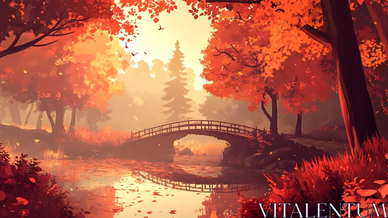 Autumn woodland bridge over reflective river, warm backlighting