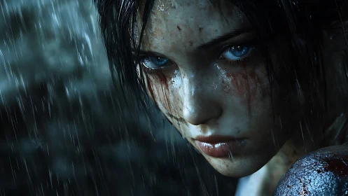 Cinematic 3D close-up portrait in dynamic rain lighting.
