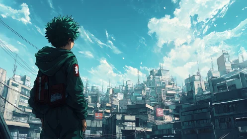 Backlit anime figure surveys dense vertical slum under expansive sky