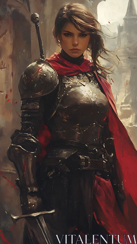 Scarlet-cloaked knight steadies her sword in stormlight stillness