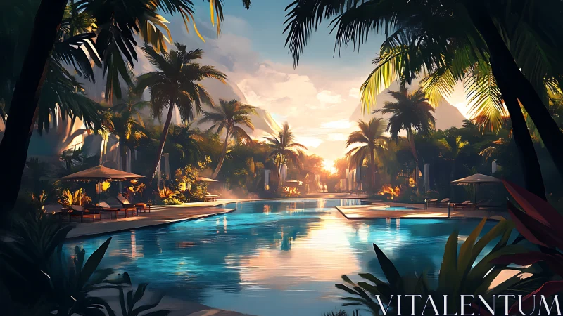 Tropical resort pool environment with palm vegetation and sunset lighting