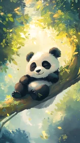 Sleeping panda cub on sunlit forest tree branch art