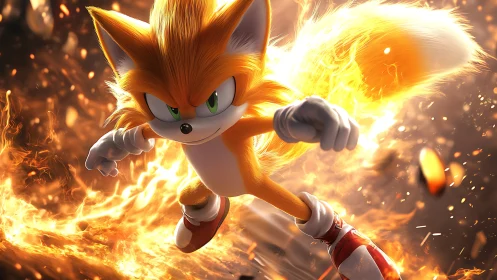 Flaming twin tailed hero rockets through molten sparks