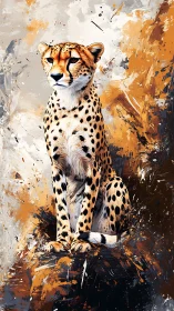 Cheetah portrait on abstract ochre splatter background study