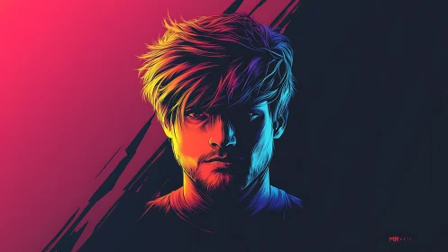 Neon-lit male portrait rendered in high-contrast vector strokes