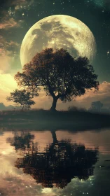 Digital painting of lunar rise over reflective lakeside grove.