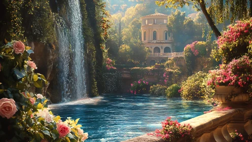 Sunlit waterfall manor wrapped in blooming secret gardens.