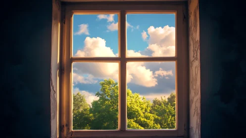 Old plastered window frames vivid cumulus clouds and foliage