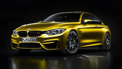 Golden-night BMW coupe poised like a stealthy highway comet.