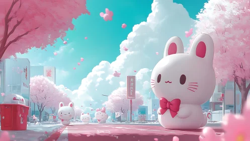 Cherry blossom bunny parade in a pastel city dreamscape.
