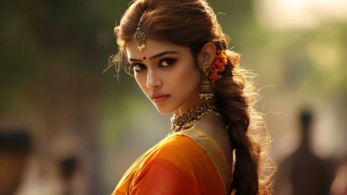 Warm backlit portrait of Indian woman in orange silk saree