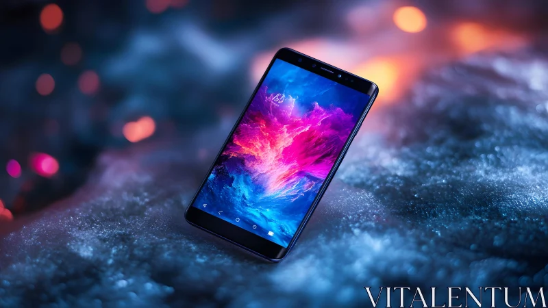 Modern smartphone with vivid display in vibrant neon lighting.