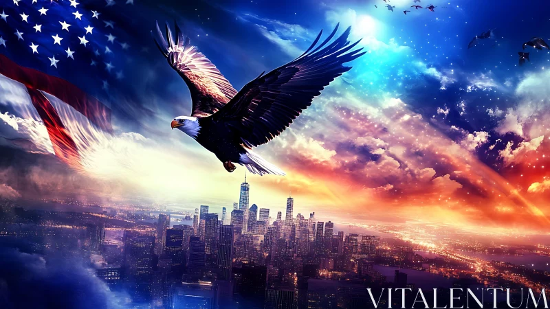 Majestic bald eagle soars above neon-lit American city skyline.